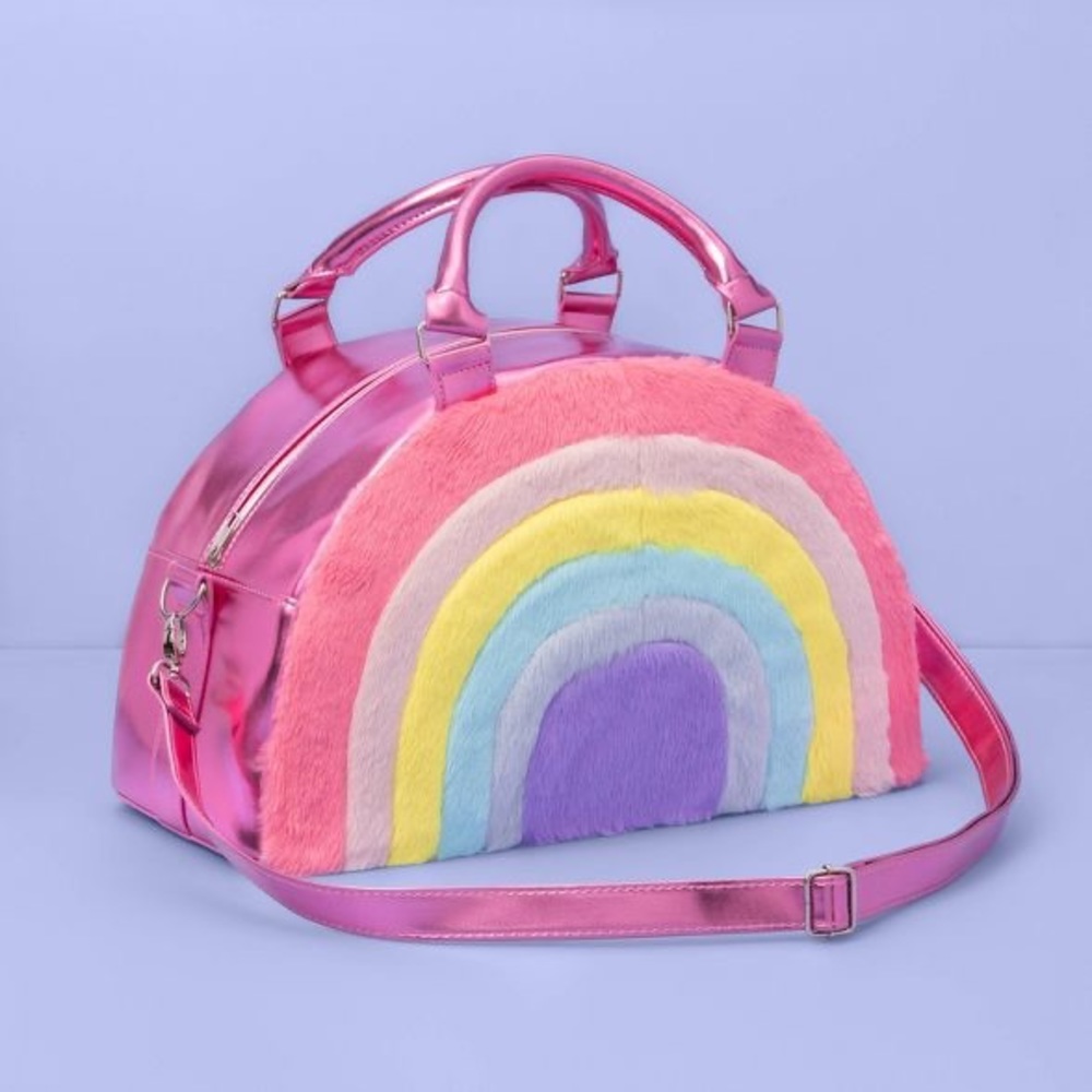 More than Magic Furry Rainbow Weekender Tote Purse/Bag - Metallic Pink